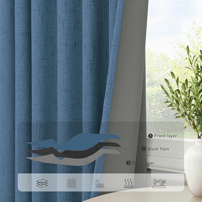 Denim Blue Blackout Drapes 96 Inches Long 2 Panel Burg Cute Linen Textured Modern Farmhouse Living Room Darkening Curtain for Bedroom Viral Sound Deadening Insulated Thermal Back Tab Pleated 96 Length