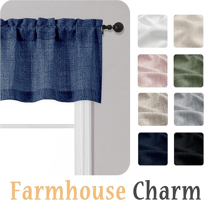 OWENIE Navy Blue Valances for Windows 1 Pcs, Light Filtering Textured Farmhouse Short Small Valance Curtains for Bathroom Basement Bedroom, Rod Pocket Half Curtains Over Sink, 60Wx14L Inch