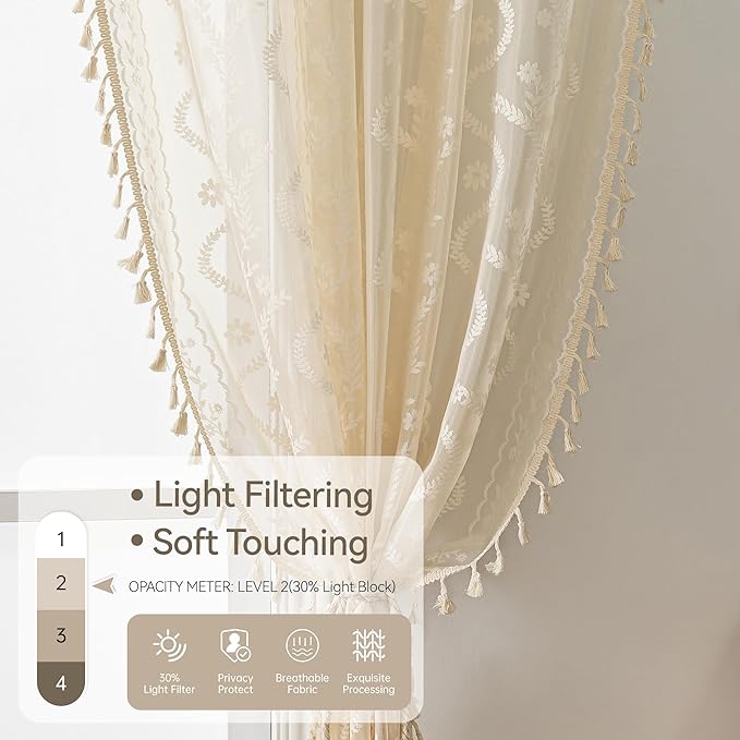 WAZZIO Boho Lace Curtains 2 Panels 84 Inches Long-Cute Vintage Victorian Sheer Panels with French Country Flower Pattern & Tassel Light Filtering Privacy for Bedroom Dining Living Room,Beige