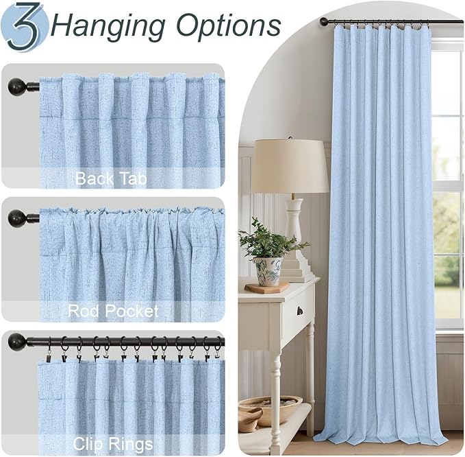 Total Blackout Baby Blue Linen Curtains 108 Inches Long 2 Panel Set Light Blue Pale Sky Colored Floor to Ceiling Thermal Spring Summer Curtain for Living Room Bedroom Patio Sliding Door Drape Back Tab