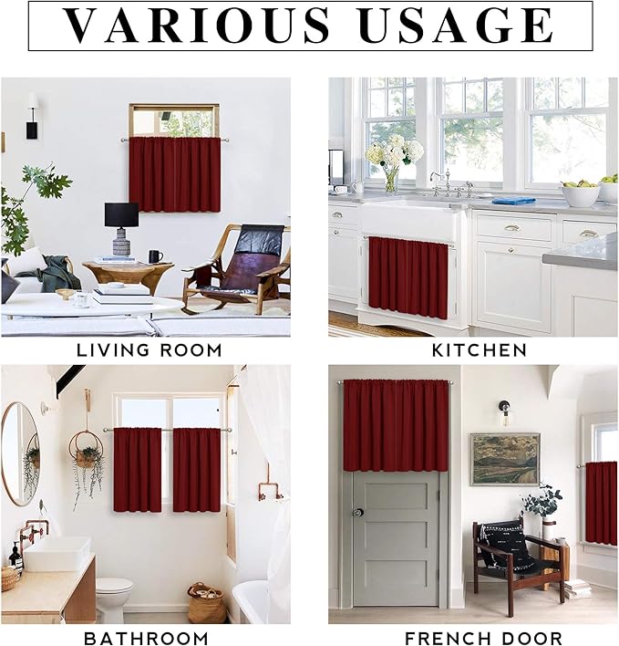 RYB HOME Blackout Bathroom Window Curtains, Short Thermal Insulated Heat Blocking Rod Pocket Half Window Curtain Tiers for Nursery Bedroom, Width 42 by Length 30, Burgundy Red, 2 Panels