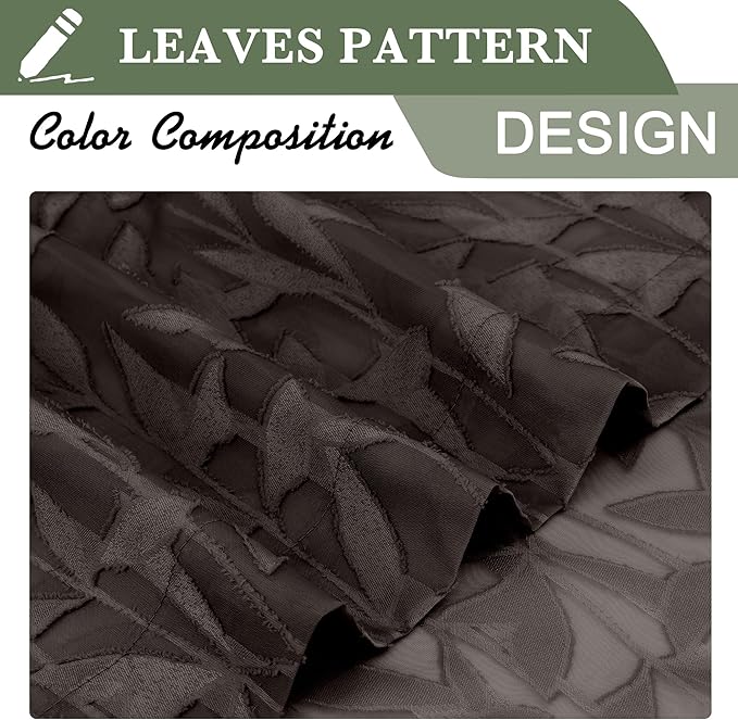 Lecloud Leia 2 Panels Sheer Chocolate Brown Curtain 54 Inch Length, Light Reducing Jacquard Textured Leaf Voile Bedroom Curtain, Gauzy Clip Short Drapes with Dual Rod Pocket, 38x54 Inches