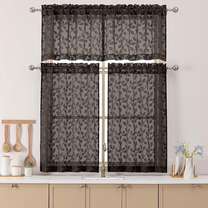 Chyhomenyc Chocolate Sheer Valances for Windows 18 Inch Length 2 Pcs, Light Filtering Leaf Textured Cafe Short Kitchen Curtains, Top Small Curtain for Living Room Bedroom Basement, 42" W x 18" L
