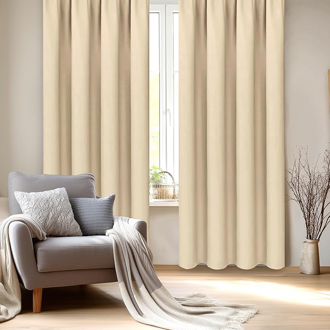 DWCN Blackout Curtains for Living Room Thermal Insulated, Energy Saving & Noise Reducing Bedroom Curtains, Beige, W 70x L 84 Inch, Set of 2 Rod Pocket Curtain Panels