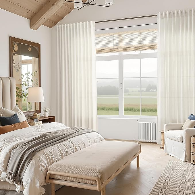 Nanspring Natural Linen Curtains 120 Inches Long for Living Room Light Filtering Sheer Curtains Back Tab and Rod Pocket Farmhouse Floor to Ceiling Curtain for Bedroom High Window 52x120, 2 Panels