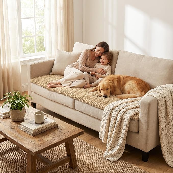 Smiry Couch Cover for Dogs Washable, Non Slip Fuzzy Pet Couch Covers for 3 Cushion Sofa Pet Friendly, Thick Soft Sofa Slipcovers Cushion Protector (Camel, 27.6" x 59")