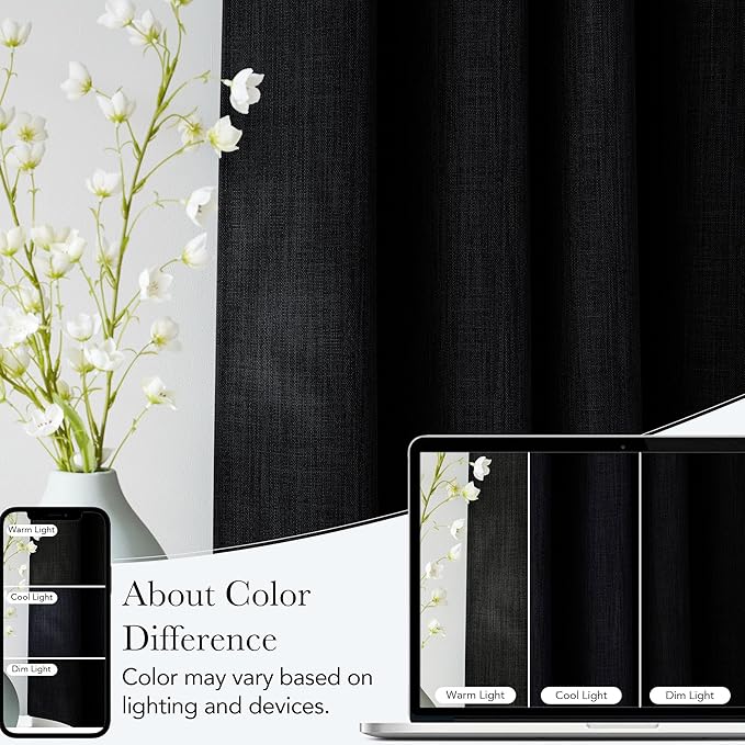 NICETOWN Black Faux Linen Room Darkening Rod Pocket Curtains 63 inch Length, W42 x L63, Light Blocking Thermal Insulated Noise Reducing Drapes for Bedroom Living Room Farmhouse Decor, 2 Panels