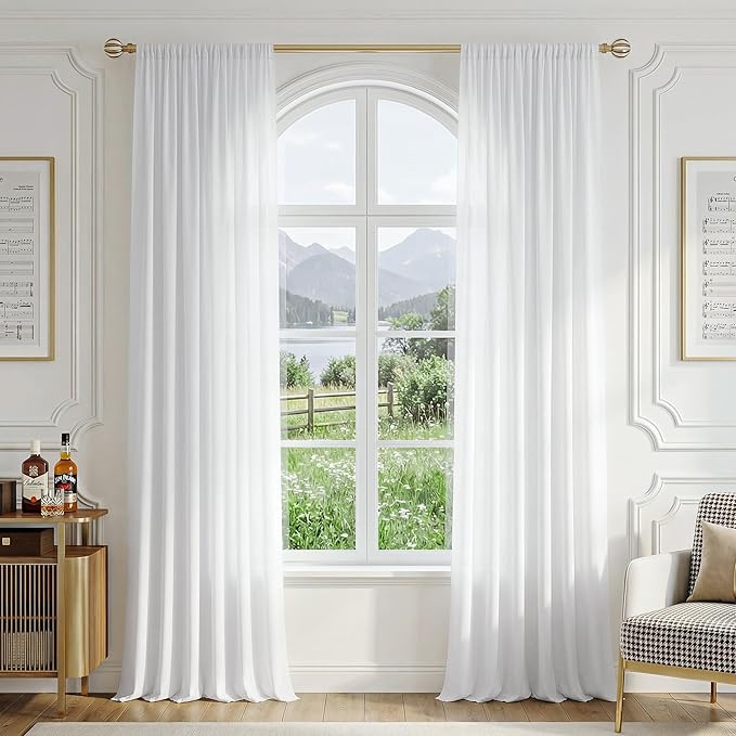 FMFUNCTEX Sheer Non-See-Through White Curtains for Bedroom, Faux Silk that Let Light Curtains 72 inches Long Light Filtering Privacy Sheer Window Drapes for Living Room, Rod Pocket 2 Panels Set