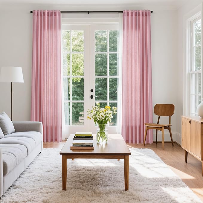 Nanspring Rose Linen Curtains 90 Inch Long 2 Panels Set Back Tab Rod Pocket Semi Sheer Light Filtering Boho Style Neutral Farmhouse Lightweight for Bedroom and Living Room 52x90