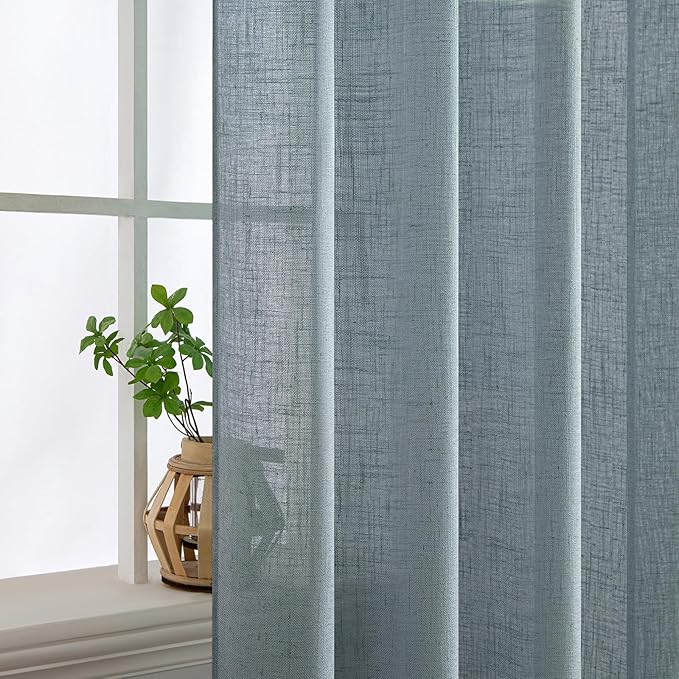 MIULEE Dusty Blue Linen Curtains 96 Inch Long 2 Panels for Bedroom Living Room, Soft Thick Linen Textured Window Drapes Semi Sheer Light Filtering Rod Pocket Back Tab Light Blue Burlap Look Decor