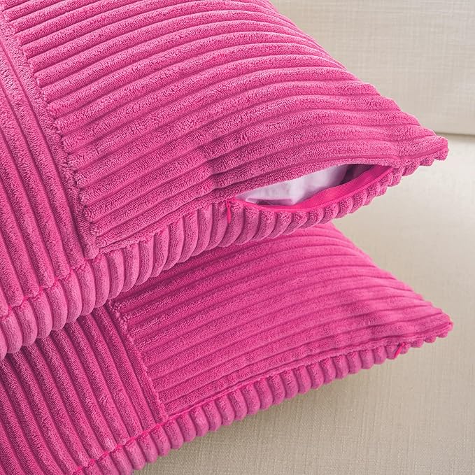 Fancy Homi 2 Packs Hot Pink Lumbar Decorative Throw Pillow Covers 12x20 Inch for Living Room Couch Bed Sofa, Rustic Farmhouse Boho Home Decor, Soft Striped Corduroy Rectangle Accent Cushion Case