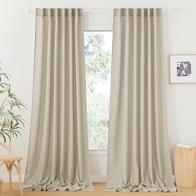 RYB HOME Semi Sheer Curtains 120 inches Long, Faux-Linen Privacy Sheer Drapes Look Classy Window Decor for Balcony Living Room Dining Room, 52 inch Width x 120 inch Length, Beige, 2 Panels Set
