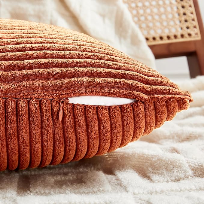 Fancy Homi Set of 2 Burnt Orange Samll Decorative Throw Pillow Covers 14x14 Inch for Living Room Couch Bed, Boho Farmhouse Fall Home Decor, Soft Corss Corduroy Patchwork Textured Cushion Case 35x35cm