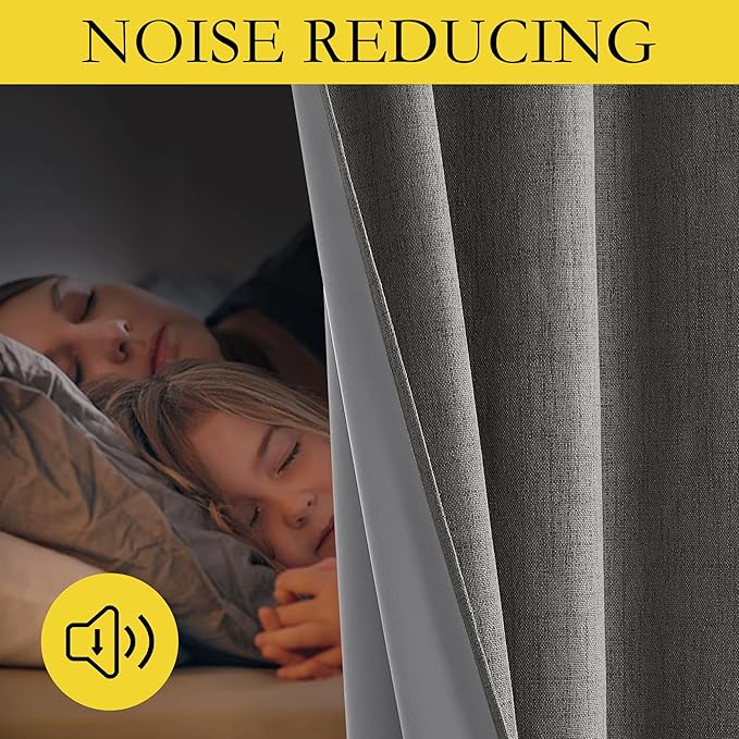 NICETOWN Grizzle Gray Vintage Linen 100% Blackout Curtains for Living Room, Thermal Insulated Curtains 63" Long, Noise Reducing Window Treatment Drapes for Hall Room, 52" Wide Per Panel, Set of 2