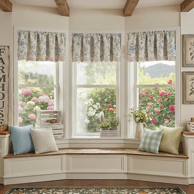 jinchan Amlie Floral Linen Valance Curtain Farmhouse Kitchen Valance for Living Room Laundry Light Filtering Double Layer Cottagecore Window Treatment Rod Pocket 1 Panel 16 Inch Blue on Linen