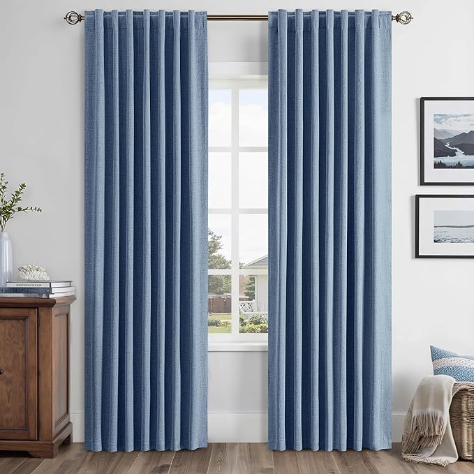 MIULEE 100% Blackout Linen Curtains for Bedroom, Blue Solid Luxury Decor Thermal Insulation Room Darkening Drapes for Living Room Nursery Back Tab Rod Pocket 42 x 63 Inches, 2 Panels