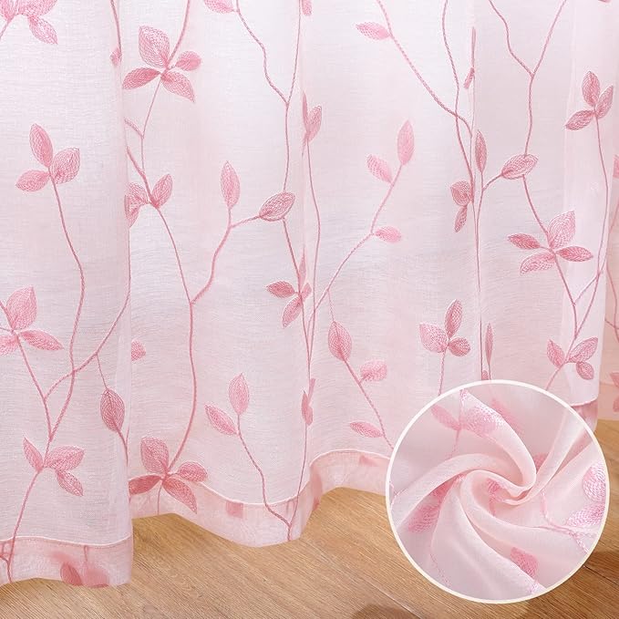 HOMEIDEAS Pink Sheer Curtains 52 X 84 Inches Length 2 Panels Embroidered Vine Floral Pattern Pocket Faux Linen Semi Sheer Voile Window Drapes for Bedroom Living Room