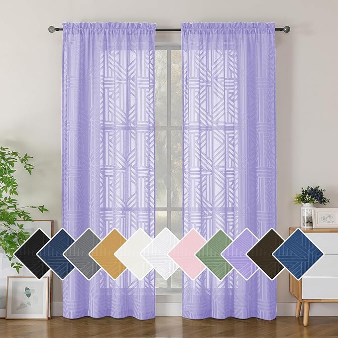 Simplebrand Lavender Semi Sheer Curtains 84 Inches Long 2 Panels, Light Filtering Geometric Jacquard Clip Textured Sheer Curtains for Bedroom，Modern Elegant Window Curtains Drapes，42x84 inch
