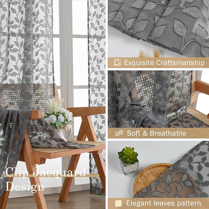 Chyhomenyc Extra Long Charcoal Grey Sheer Curtains 120 Inch Length 2 Panels Set, Light Filtering Tufted Textured Soft Airy Rod Pocket Leaf Window Treatment Drapes for Living Room, 52" Wx120 L, 2PCS