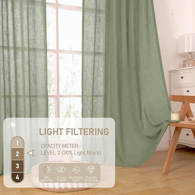 LAMIT Sheer Linen Curtains 63 Inches Long, Semi Sheer Light Filtering Panels Back Tab and Rod Pocket Small Window Drapes for Basement/Bedroom/Loft Room, Sage Green, 2 Panels, 34 x 63 Inch