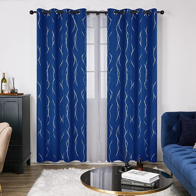 Deconovo Blackout Curtains, 52 x 108 Inch Drape for Sliding Door with Wave Dot Silver Print, Soundproof Thermal Insulated Window Curtain for Bedroom Living Room, Set of 2, Machine Washable, Royal Blue