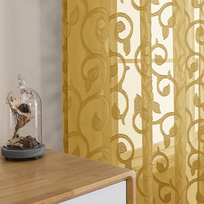 OWENIE Furman Gold Sheer Curtains 45 Inch Length 2 Panels Set for Living Room Bedroom Bathroom Window, Airy Jacquard Clip Short Curtains for Small Window, 40Wx45L inch
