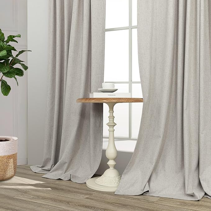 Linen Blackout Curtains 84 Inch Length 2 Panels Set for Living Room Bedroom Back Tab Thermal Insulated 100% Black Out Linen Drape Room Darkening Window Curtain 84 Inch Long Stone Taupe Birch Tan Beige