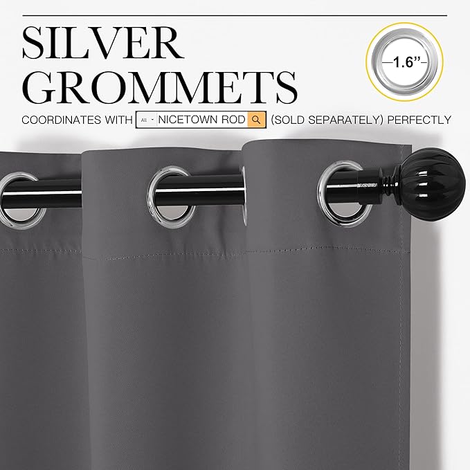 NICETOWN Blackout Curtains Panels for Bedroom, 2 Panels, 52 x 70 Inch, Gray, 3 Pass Microfiber Noise Reducing Thermal Insulated Solid Ring Top Blackout Window Drapes