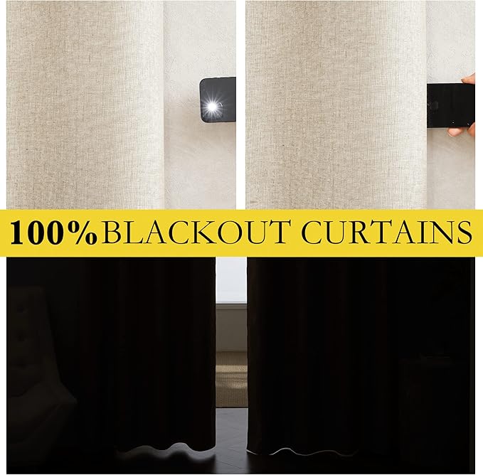 NICETOWN 100% Absolutely Blackout Linen Curtains with Thermal Insulated White Liner, Beige, W62, 2 Pieces, Noise Reducing Textured Linen Look Curtains for Windows 95 inch Length for Classroom