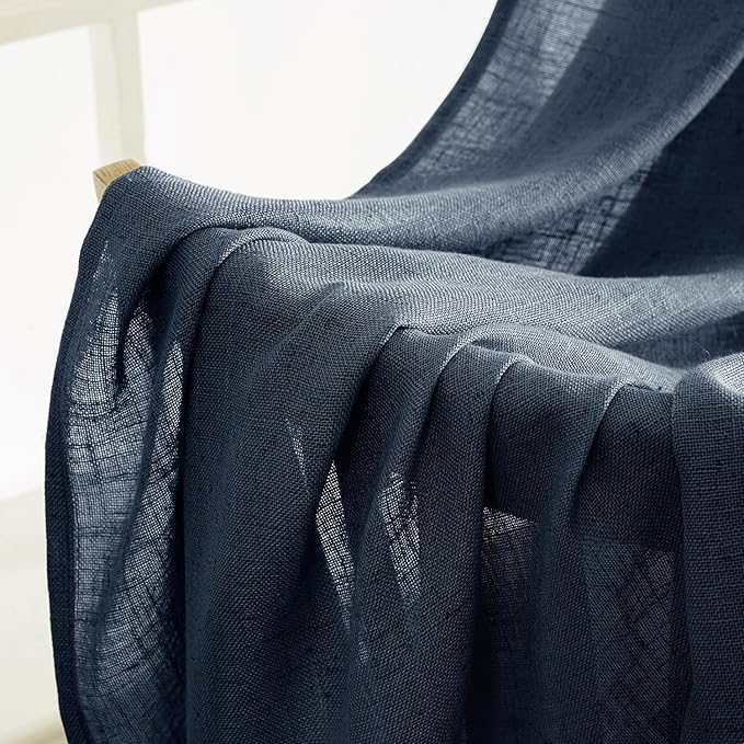 MIULEE Navy Blue Linen Curtains 96 Inch Length 2 Panels for Bedroom Living Room, Soft Thick Linen Textured Natural Window Drapes Semi Sheer Light Filtering Back Tab Rod Pocket Burlap Look Decor