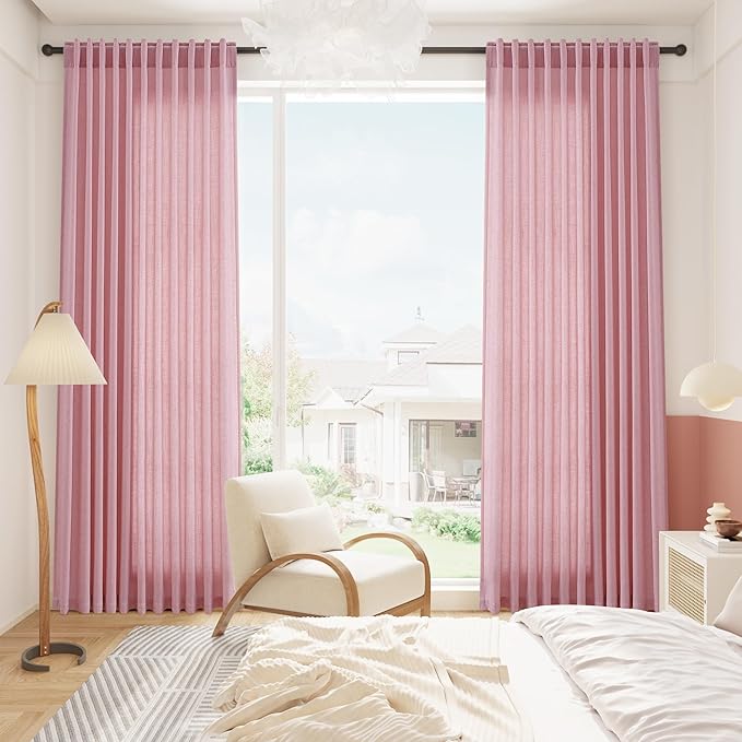 Nanspring Rose Linen Curtains 102 Inches Long 2 Panel Set Back Tab Rod Pocket Semi Sheer Light Filtering Burlap Style Extra Long High Window for Neutral Farmhouse Decor Curtains in Living Room 52x102