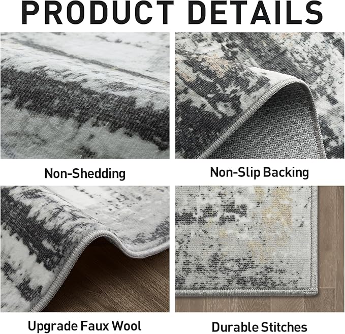 4x6 Area Rugs Washable Rug: Modern Abstract Living Room Rug Soft Anti-Skid Thin Carpet Indoor Floor Non-Shedding Carpets for Bedroom Dining Room Farmhouse Nursery Home Office Black Grey Gold