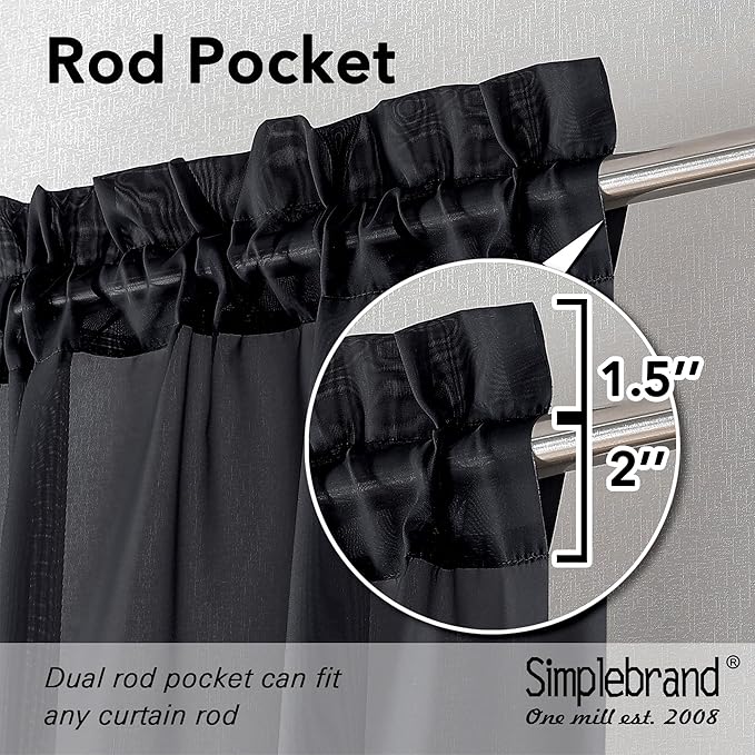Simplebrand Black Short Sheer Curtains 45 Inch Length for Small Windows, Rod Pocket 2 Panels Set Solid Voile Drapes Window Sheer Curtains for Bedroom Bathroom Kids Room Kitchen, 42x45 Inch