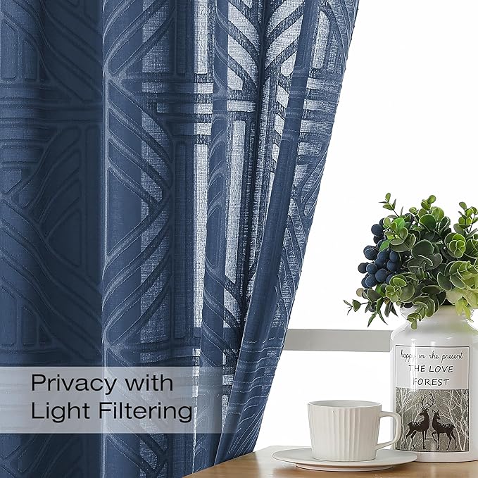 Simplebrand Navy Blue Semi Sheer Curtains 54 Inch Length 2 Panels, Geometric Jacquard Clip Textured Short Sheer Curtains for Bedroom，Modern Elegant Window Curtains Drapes/Treatment Sheer，42x54 inch