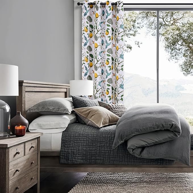 Topfinel 54 Inches Long Short White Blackout Curtains for Cafe Kitchen, Grommet Room Darkening Luxury Floral Lemon Hummingbird Patterned Waverly Colorful Drapes for Living Room Bedroom
