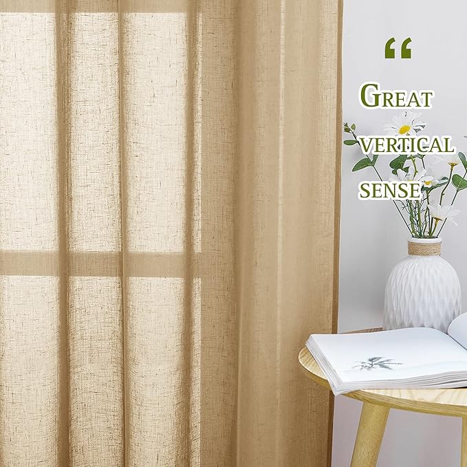 NICETOWN Natural Linen Blend Semi Sheer Curtains, Grommet Top Bedroom Window Privacy with Light Penetration Flax Sheer Drapes for Living Room/Bedroom, Camel, W52 x L108, 2 Panels