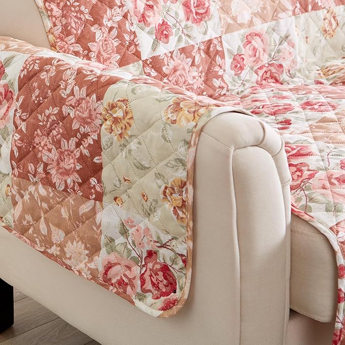 Great Bay Home Reversible Floral Patchwork Loveseat Furniture Protector - Machine Washable, Scalloped Edge, Stain Resistant, Printed Furniture Cover for Dogs, Kids, and Pets (Burgundy/Taupe)
