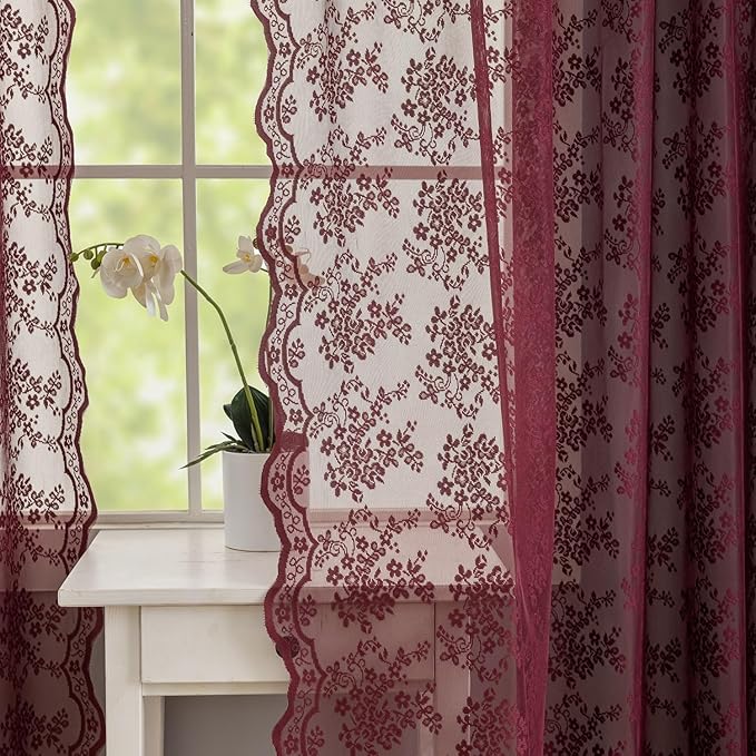 YJ YANJUN Vintage Lace Curtains 90 Inches Long-Victorian Floral Red Burgundy Sheer Curtain Panels forLiving Room Patio Sliding Door Rod Pocket Wedding Party Christmas Decor 2 Panels 52W x 90L