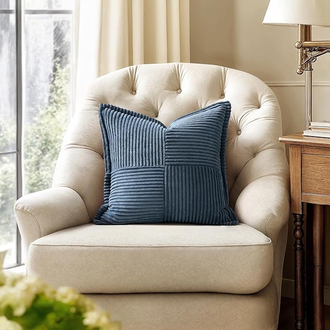 MIULEE Decorative Throw Pillow Covers for Couch Bed Livingroom 12x12 Inch Set of 2 Blue Boho Accent Throw Pllows Broadside Striped Patchwork Soft Corduroy Pillowcases