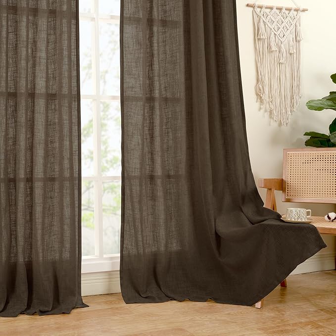 LAMIT Linen Curtains 63 Inch Length 2 Panels, Light Filtering Panels Back Tab and Rod Pocket Neutral Drapes for Bedroom/Window/Living Room, Dark Brown, 34 x 63 Inch