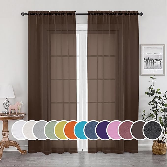 OWENIE Sheer Chocolate Curtains, Sheer Curtains 90 Inches Long 2 Panels Set, Rod Pocket Voile Fimly Sheer Drapes for Living Room/Bedroom, 2pcs, Chocolate, Each 42" W x 90" L