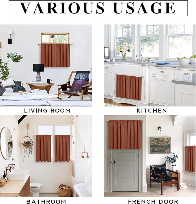 RYB HOME Half Curtain Tiers 36 inch Length, Rod Pocket Summer Heat Blocking Thermal Insulated Short Blackout Curtains for Small Window, Width 34 by Length 36, Burnt Orange, 2 Panels