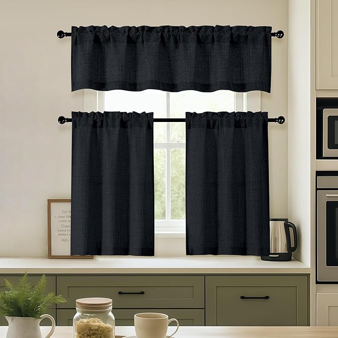 OVZME Black Valance for Windows, Light Filtering Faux Linen Textured Small Kitchen Valances for Windows, Dual Rod Pocket Farmhouse Short Curtain for Bathroom Basement, 60Wx20L inch, 1 Piece