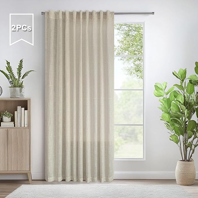 Pitalk Flax Linen Curtains 5 FT Wide by 84 Inches Long for Bedroom Sheer Linen Large Drape Light Filter Extra Wide Curtains for Living Room Dining Hall 2 Panel Set Back Tab Pocket 60 x 84 Length Beige