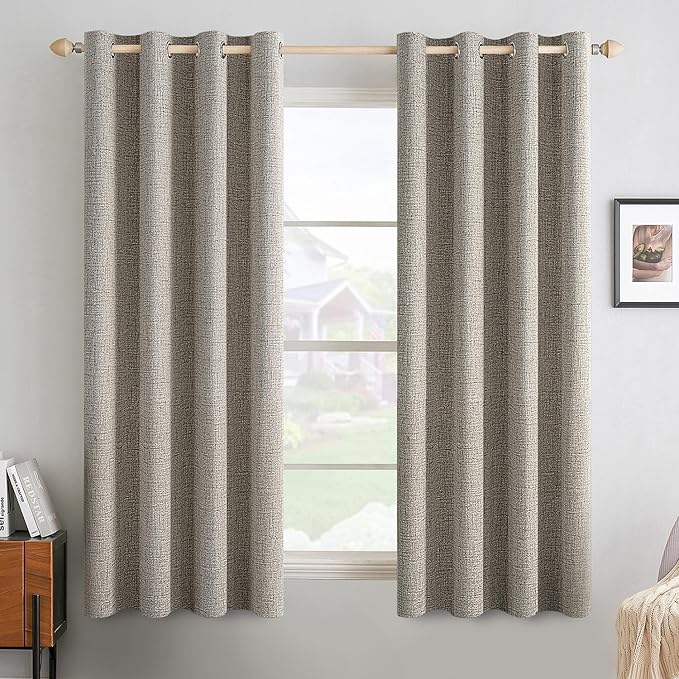 MIULEE Linen Curtains for Bedroom Solid 100% Blackout Thermal Insulated Greige Curtains Grommet Room Darkening Drapes for Living Room Nursery 52x45 Inch (2 Panels)