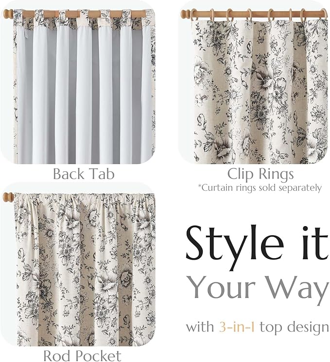jinchan Blackout Floral Curtains for Living Room Bedroom Linen Blend Curtain Farmhouse Black Printed with Lined Back Tab Rod Pocket Drapes Window Treatments 2 Panels 96 Inch