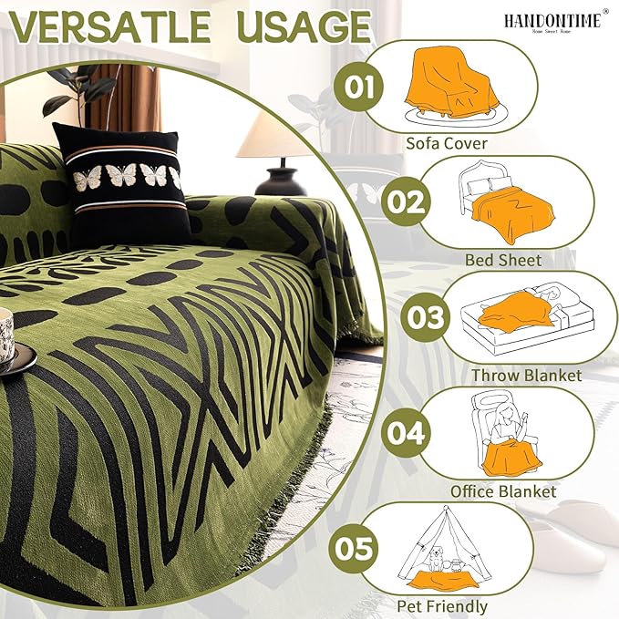 HANDONTIME Boho Couch Cover Geometric Striped Pet Covers for Couches and Sofas Olive Green and Black Dog Cover for Couch Pet Friendly Chenille Sectional Sofa Covers for Pets Washable, 71" X 134"