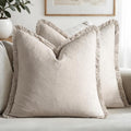 MIULEE Decorative Throw Pillow Covers Neutral Linen Fringe Throw Pillows Set of 2 Natural Beige Boho Farmhouse Cushion Covers with Tassels for Couch Sofa Bed Living Room Spring Decor 18x18 Inch