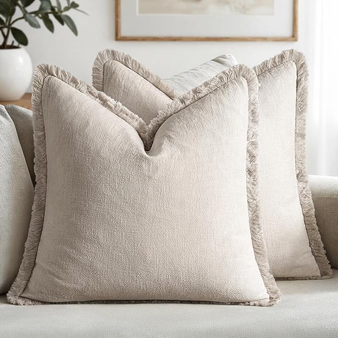 MIULEE Decorative Throw Pillow Covers Neutral Linen Fringe Throw Pillows Set of 2 Natural Beige Boho Farmhouse Cushion Covers with Tassels for Couch Sofa Bed Living Room Spring Decor 18x18 Inch