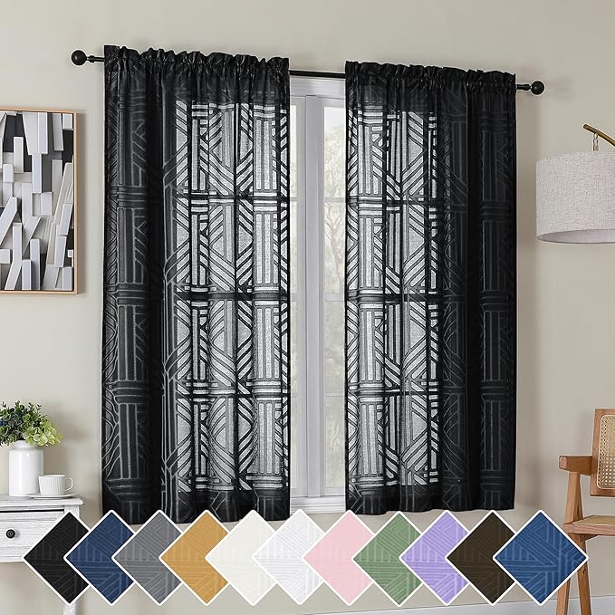 Simplebrand Black Semi Sheer Curtains 45 Inch Length 2 Panels, Geometric Jacquard Clip Textured Short Sheer Curtains for Bedroom，Modern Elegant Window Curtains Drapes/Treatment Sheer，42x45 inch